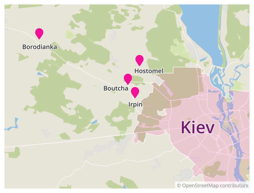 Villes théâtres d'atrocités potentiellement commises par l'armée russe.