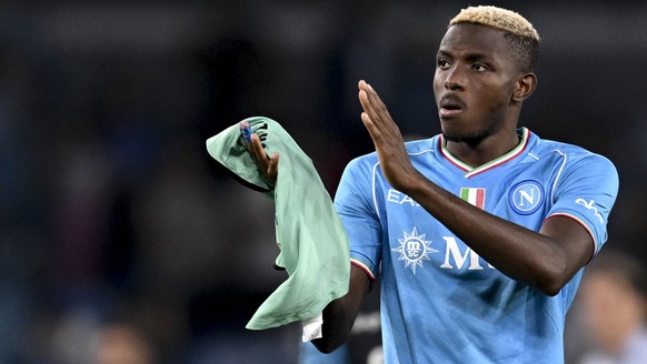 epa10886739 Napoli���s forward Victor Osimhen reacts at the end of the Italian Serie A soccer match SSC Napoli vs Udinese Calcio at Diego Armando Maradona stadium in Naples, Italy, 27 September 2023.  ...