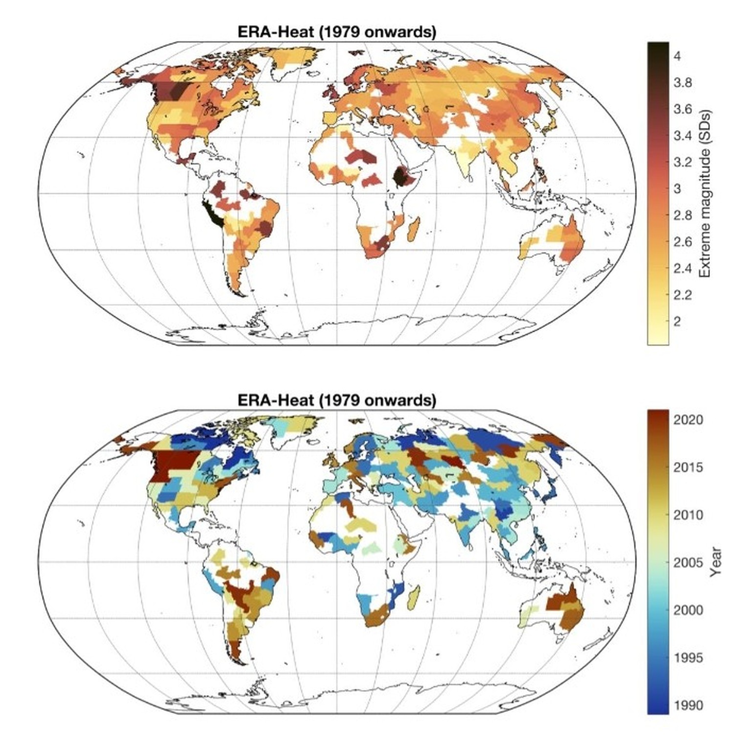 Global map of the most extreme heat stress events. Heat stress index taken from ERA5-
HEAT, January 1979 - August 2021. The values are expressed in terms of how many standard
deviations away from the  ...