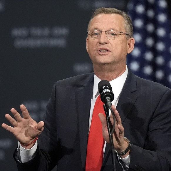 FILE - Former Rep. Doug Collins speaks before Republican presidential nominee former President Donald Trump at a campaign event at the Cobb Energy Performing Arts Centre, Oct. 15, 2024, in Atlanta. (A ...