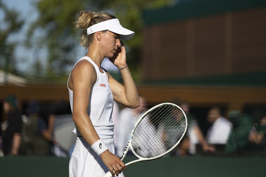 Viktorija Golubic of Switzerland reacts during her first round match against Ann Li of USA at the All England Lawn Tennis Championships in Wimbledon, London, Monday, June 30, 2025. (KEYSTONE/Peter Kla ...