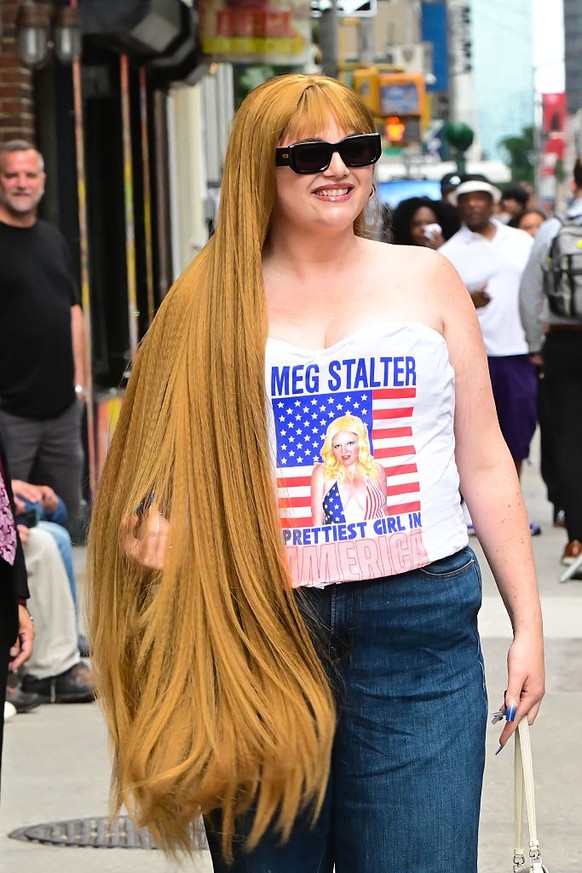 NEW YORK, NEW YORK - JULY 15: Megan Stalter is seen outside "The Late Show With Stephen Colbert" on July 15, 2025 in New York City. (Photo by Raymond Hall/GC Images)