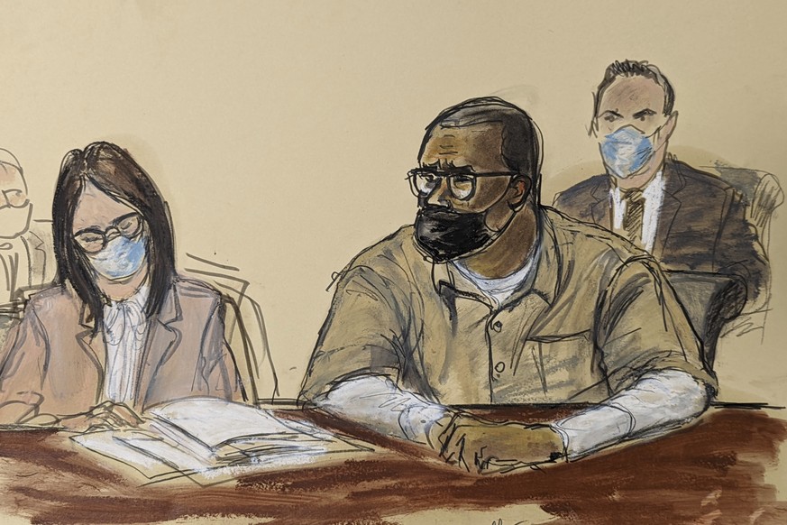 In this courtroom sketch, R. Kelly and his attorney Jennifer Bonjean, left, appear during his sentencing hearing in federal court, Wednesday, June 29, 2022, in New York. The former R&amp;B superstar w ...