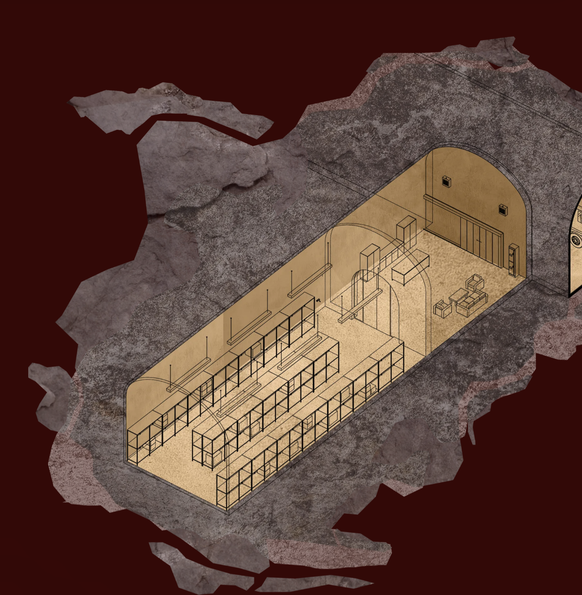 Une esquisse de caverne, avec espace de rangement et salon.