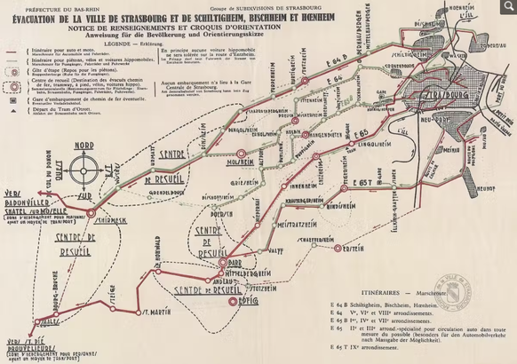 Cette carte montre les itinéraires que doivent emprunter les Strasbourgeois pour rejoindre des points de ralliement à partir desquels ils pourront se rendre dans le sud-ouest de la France. On estime à ...
