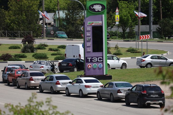 Cars line up at a petrol station in Simferopol, Crimea, Friday, June 12, 2026. (AP Photo)