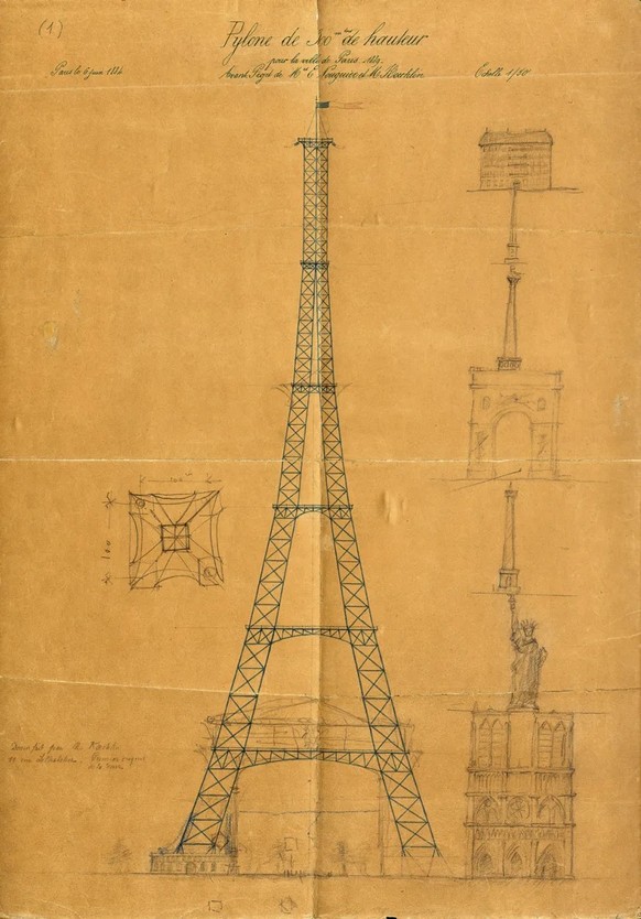 Pour illustrer la hauteur de la tour, Koechlin représente à ses côtés des monuments célèbres à l’échelle 1/50: Notre-Dame, l’Arc de Triomphe, la statue de la Liberté, les colonnes de la place Vendôme  ...