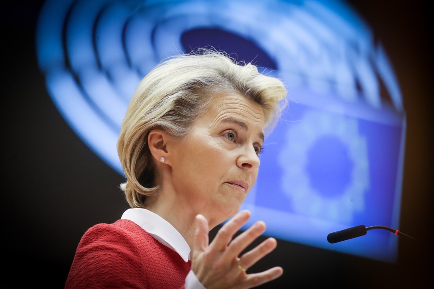 epa09162899 European Commission President Ursula von der Leyen speaks during the debate on EU-UK trade and cooperation agreement during the second day of a plenary session at the European Parliament i ...