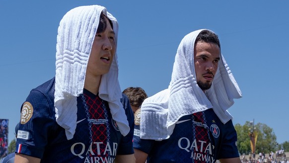 LOS ANGELES, CA - JUNE 15: Lee Kang-In #19 and Warren Zaire-Emery #33 of Paris Saint-Germain walk off pitch after a game between Atlético de Madrid and Paris Saint-Germain at Rose Bowl Stadium on June ...