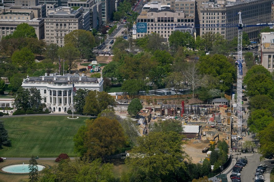 Work continues on the construction of the ballroom at the White House, Thursday, April 9, 2026, in Washington, where the East Wing once stood. (AP Photo/Rod Lamkey, Jr.)