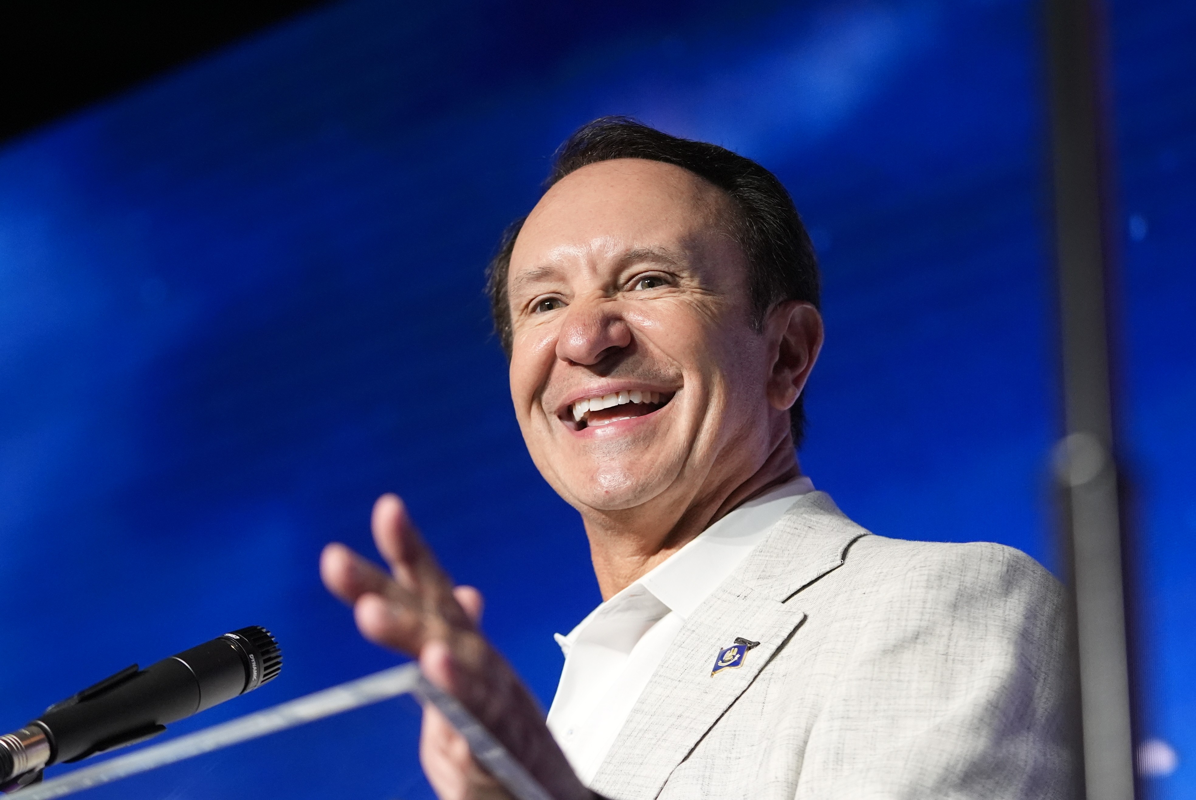 Louisiana Gov. Jeff Landry speaks during an event with SpaceX announcing a deal to build a new spaceport in his state, Tuesday, Aug. 25, 2026, in Abbeville, La. (AP Photo/Gerald Herbert)
SpaceX Louisi ...