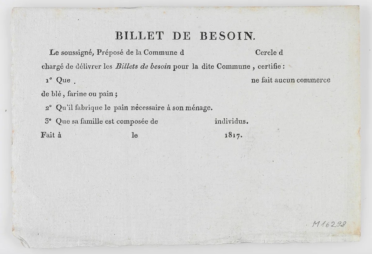 Un «billet de besoin» de 1817. Ce bon était principalement distribué par les communes vaudoises et genevoises afin de permettre aux personnes dans le besoin d’obtenir des produits de première nécessit ...