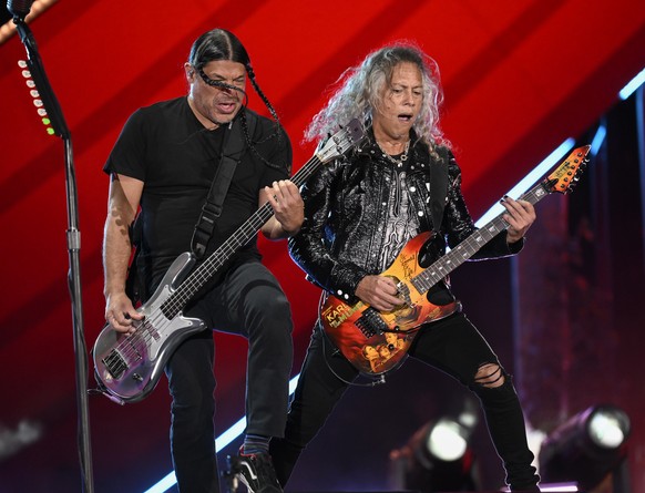 Robert Trujillo, left, and Kirk Hammett of Metallica perform during the Global Citizen Festival on Saturday, Sept. 24, 2022, at Central Park in New York. (Photo by Evan Agostini/Invision/AP)
Robert Tr ...