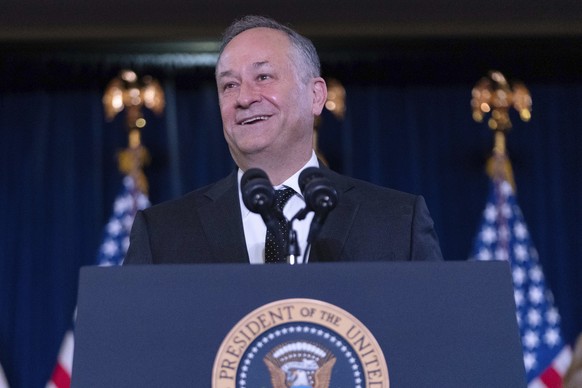 FILE - Second gentleman Doug Emhoff speaks at the Democratic National Committee&#039;s holiday reception at the Willard Hotel in Washington, Dec. 15, 2024. (AP Photo/Jose Luis Magana, File)
Trump Holo ...