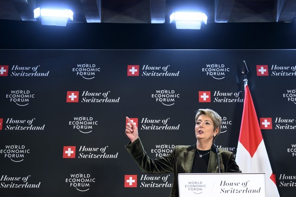 epa11847022 Swiss Federal President Karin Keller-Sutter speaks during a press conference on the sidelines of the 55th annual meeting of the World Economic Forum (WEF) in Davos, Switzerland, 23 January ...