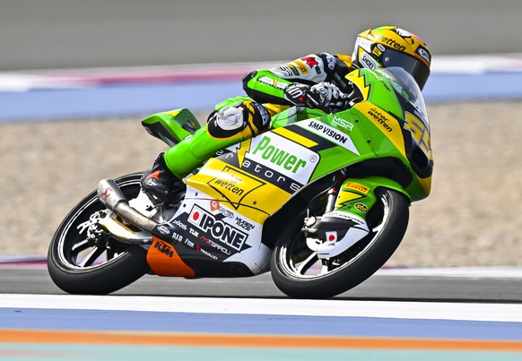 epa12025343 Swiss Moto3 rider Noah Dettwiler of CIP Green Power in action during the Free Practice of the Motorcycling Grand Prix of Qatar at Lusail International Circuit in Lusail, Qatar, 11 April 20 ...