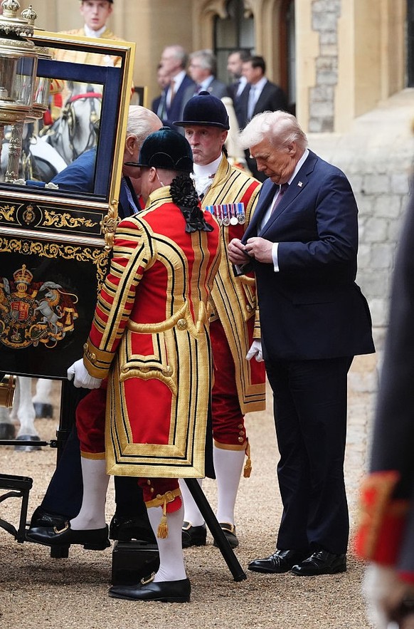 WINDSOR, ENGLAND - SEPTEMBER 17: King Charles III and US President Donald Trump arrive for the ceremonial welcome during the State visit by the President of the United States of America on September 1 ...