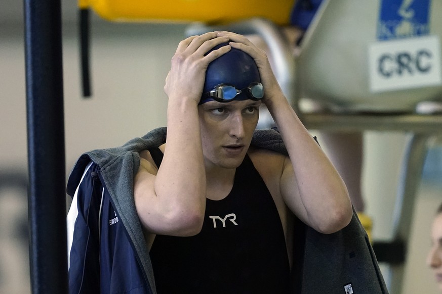 FILE - Pennsylvania transgender swimmer Lia Thomas waits for a preliminary heat in the Women&#039;s NCAA 500-yard freestyle swimming championship, March 17, 2022, at Georgia Tech in Atlanta. (AP Photo ...