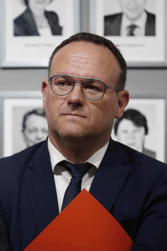 epa09962080 Newly appointed French Minister for Solidarity, Autonomy and People with Disabilities Damien Abad looks on during a handover ceremony at the Health Ministry in Paris, France, 21 May 2022.  ...