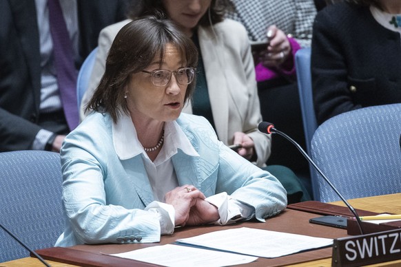 epa11168146 Ambassador and Permanent Representative of Switzerland to the United Nations Pascale Baeriswyl speaks to delegates during a United Nations Security Council vote on a US-proposed draft reso ...