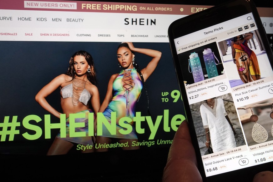 FILE - Pages from the Shein website, left, and from the Temu site, right, are shown in this photo, in New York, June 23, 2023. (AP Photo/Richard Drew, FIle)
Trump Tariffs Ending Exemption