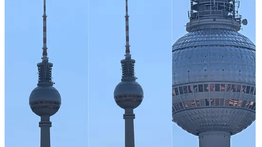 La tour de télévision de Berlin à 925 mètres: l'image de gauche provient du Pixel 9 et du zoom 8x maximum, les images du milieu et de droite proviennent du Pixel 9 Pro XL avec respectivement un zoom 8 ...