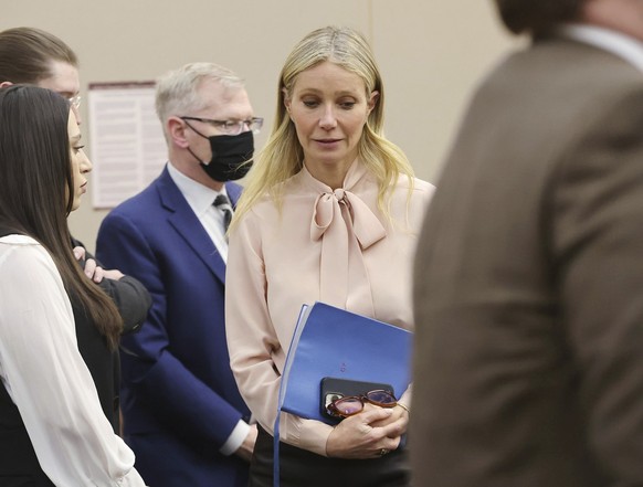 Gwyneth Paltrow leaves court during the lawsuit trial of Terry Sanderson vs. Gwyneth Paltrow, Tuesday, March 28, 2023, in Park City, Utah. Paltrow is accused in a lawsuit of crashing into a skier duri ...