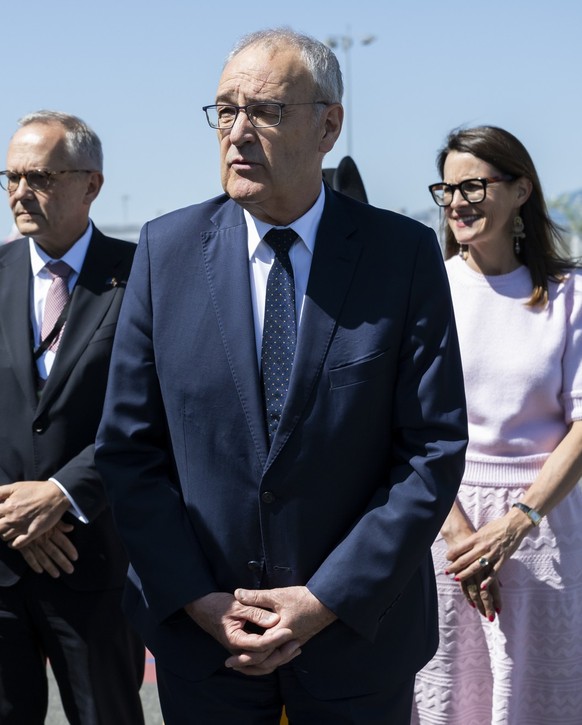 From left, Deike Potzel, Ambassador of the European Union to the UN in Geneva, European Council President Antonio Costa, Andreas Kunne, Ambassador of the European Union for Switzerland and the Princip ...