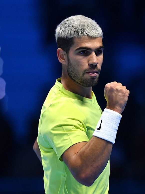 TURIN, ITALY - NOVEMBER 15: Carlos Alcaraz of Spain celebrates a point during his Men’s Singles Semi Final match against Felix Auger-Aliassime of Canada on day seven of the Nitto ATP Finals 2025 at In ...