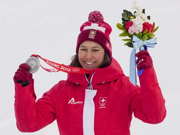 Wendy Holdener, of Switzerland, celebrates winning the silver medal in the women's combined at the 2022 Winter Olympics, Thursday, Feb. 17, 2022, in the Yanqing district of Beijing. (AP Photo/Mar ...