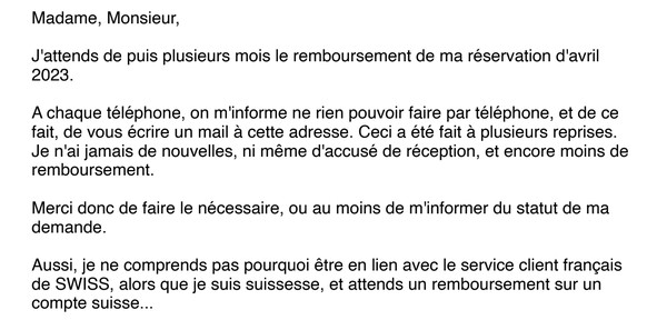 Le courriel écrit par une cliente à la compagnie Swiss.