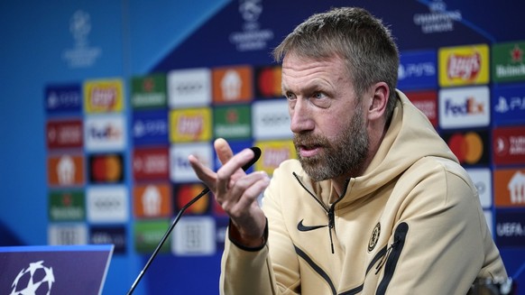 Chelsea head coach Graham Potter talks to the media during a press conference ahead of the Champions League, round of 16, first leg soccer match between Borussia Dortmund and Chelsea FC in Dortmund, G ...