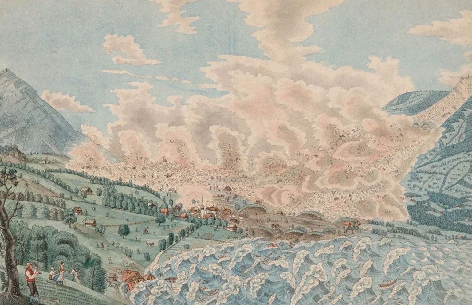 David Alois Schmid, 16 ans, fut témoin de l’éboulement de Goldau, qu’il restitua plus tard en images. De l’autre côté du lac, entre la zone de l’éboulement et la rive, se tenait la zone marécageuse de ...