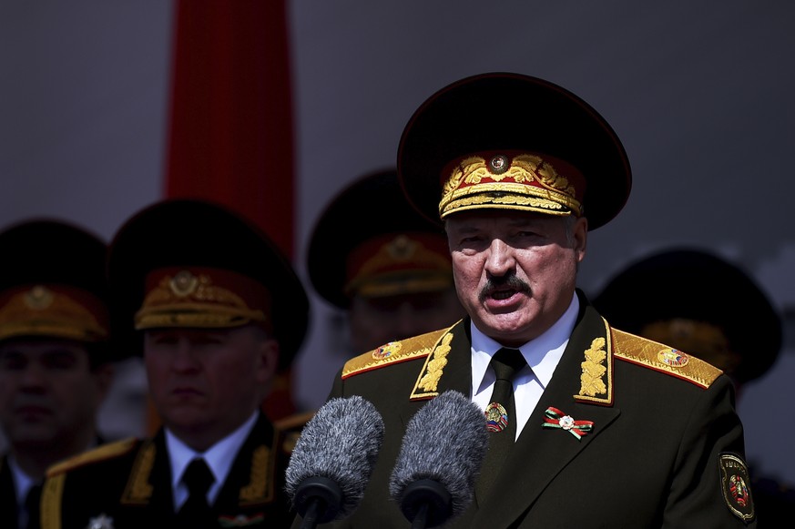 FILE - In this May 9, 2020, file photo, Belarusian President Alexander Lukashenko gives a speech during a military parade that marked the 75th anniversary of the allied victory over Nazi Germany, in M ...