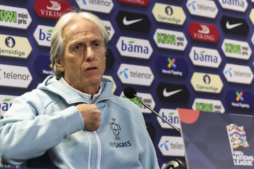 epa13264770 Portugal national team head-coach, Jorge Jesus, attends a flash interview ahead of their UEFA Nations League group stage match against Norway, at Ullevaal Stadium, Oslo, Norway, 26 Septemb ...
