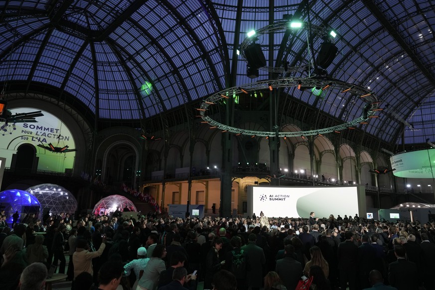 French President Emmanuel Macron speaks during the Artificial Intelligence Action Summit at the Grand Palais in Paris, Monday, Feb. 10, 2025. (AP Photo/Michel Euler)
