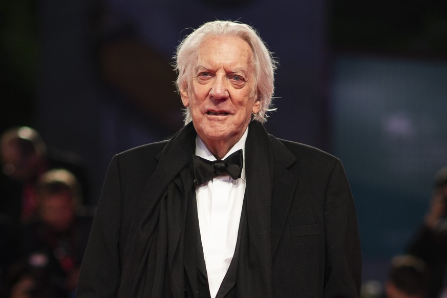 FILE - Actor Donald Sutherland appears at the premiere of the film &quot;The Burnt Orange Heresy&quot; at the 76th edition of the Venice Film Festival, Venice, Italy, on Sept. 7, 2019. Sutherland, the ...