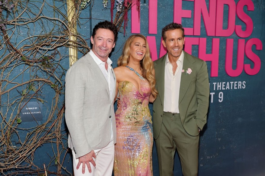 NEW YORK, NEW YORK - AUGUST 06: (L-R) Hugh Jackman
, Blake Lively, and Ryan Reynolds attend the &quot;It Ends With Us&quot; New York Premiere at AMC Lincoln Square Theater on August 06, 2024 in New Yo ...