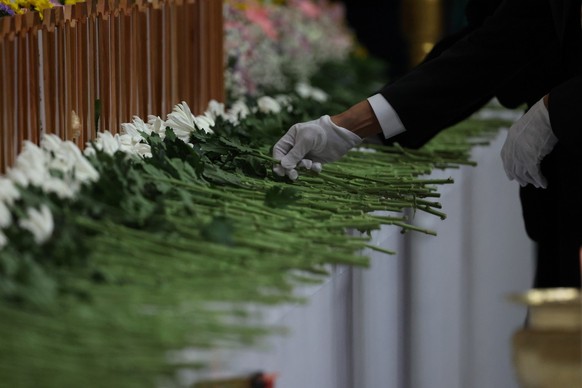 epa11798410 A bereaved family member lays a flower at a joint memorial altar for the victims of the 29 December Jeju Air plane crash at Muan Sports Center in Muan, South Korea, 30 December 2024. Accor ...