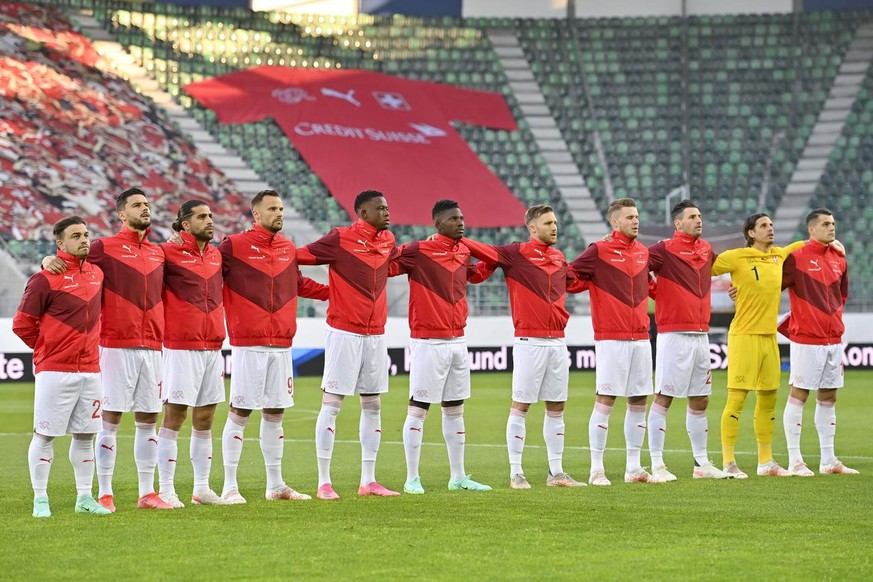 From left to right, Switzerland players Xherdan Shaqiri, Loris Benito, Ricardo Rodriguez, Haris Seferovic, Denis Zakaria, Breel Embolo, Silvan Widmer, Nico Elvedi, Fabian Schaer, Yann Sommer and Grani ...