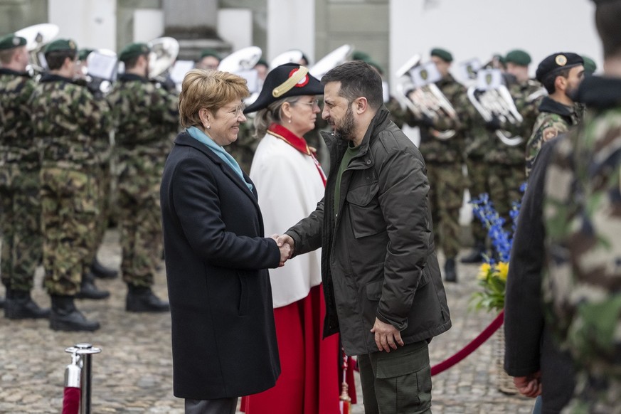 Swiss Federal President Viola Amherd, left, welcomes Volodymyr Zelenskyy, President of Ukraine, on Monday, January 15, 2024 in Kehrsatz near Bern, Switzerland. Zelenskyy will attend the World Economic ...