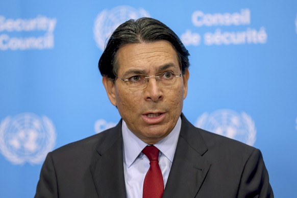 epa13137388 Permanent Representative of Israel to the United Nations, Danny Danon, addresses reporters prior to a UN Security Council meeting at the United Nations headquarters in New York, New York,  ...