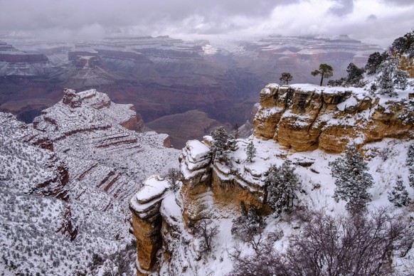 THE GRAND CANYON, ARIZONA, UNITED STATES - 2024/01/08: View of snow on the cliffs of The Grand Canyon taken along the southern rim of the canyon following a snow storm that left 3 or more inches of sn ...