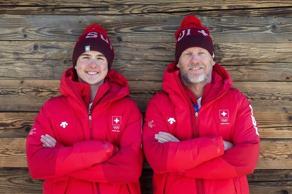 Noe Roth of Switzerland, left, and his father Michel Roth, head coach, right, pose during a media conference of the Swiss aerials team in the House of Switzerland at the XXIII Winter Olympics 2018 in  ...
