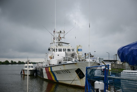 A Romanian border police vessel is seen in the harbor in Sulina city, Romania, on May 10, 2026. Many Romanians living near the border feel unprotected as dozens of airspace breaches were confirmed. Th ...