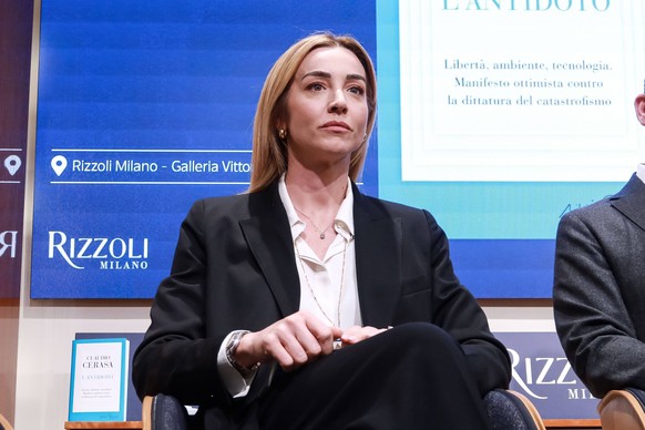 Milan, the presentation of Claudio Cerasa s book The Antidote: A Manifesto of Fact-Based Optimism at the Rizzoli bookstore in the Galleria Vittorio Emanuele II. Pictured: Silvia Salis Mayor of the Met ...