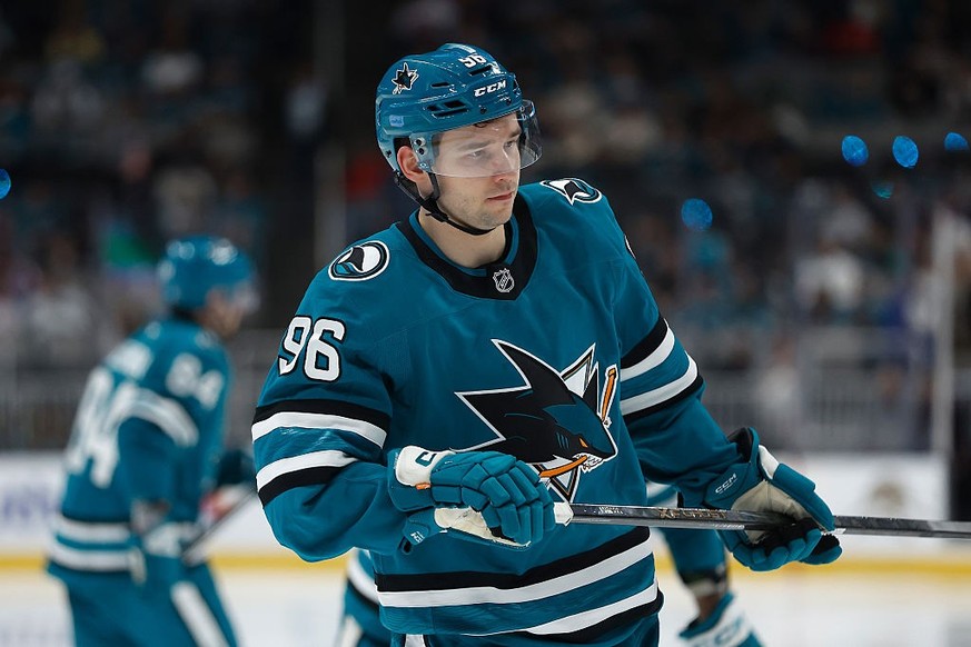 SAN JOSE, CALIFORNIA - FEBRUARY 28: Philipp Kurashev #96 of the San Jose Sharks looks on in the third period against the Edmonton Oilers at SAP Center on February 28, 2026 in San Jose, California. (Ph ...
