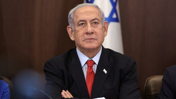 epa10776684 Israeli Prime Minister Benjamin Netanyahu attends the weekly cabinet meeting at the prime minister&#039;s office in Jerusalem, 30 July 2023. EPA/ABIR SULTAN / POOL