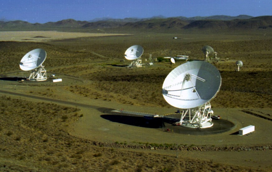 FILE--Three 34m (112 ft.) diameter Beam Waveguide antennas, seen in this undated handout photo, are located in the Goldstone Deep Space Communications Complex in the Mojave Desert, Calif. Goldstone is ...