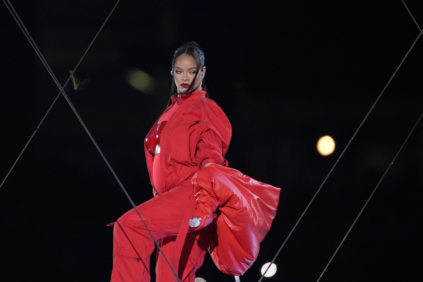Rihanna performs during the halftime show at the NFL Super Bowl 57 football game between the Kansas City Chiefs and the Philadelphia Eagles, Sunday, Feb. 12, 2023, in Glendale, Ariz. (AP Photo/Godofre ...